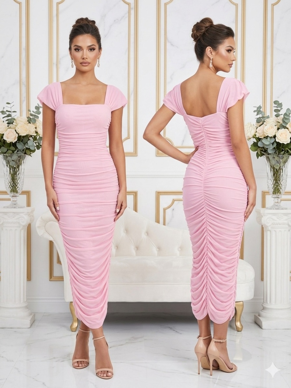 Pofash Pink Ruched Mesh Cap Sleeve Bodycon Dress NWT Large